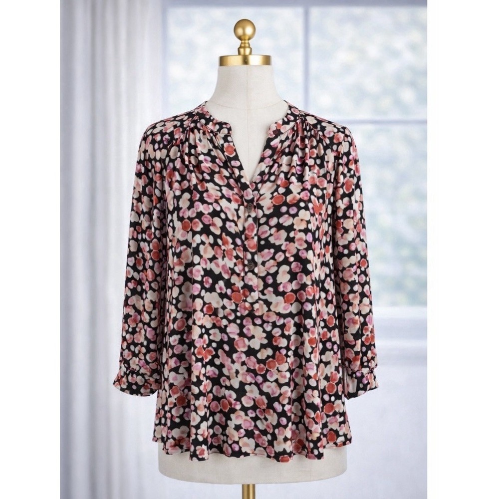 Ava & Grace Pink Orange Floral Popover‎ Top Flowy Stretch Office Size Large